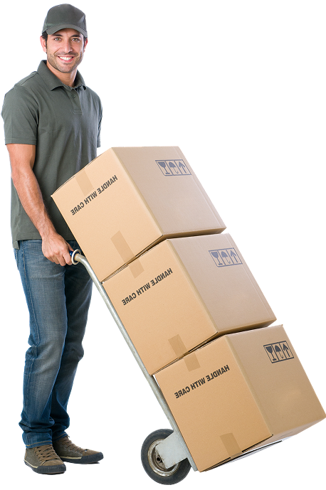 Man moving boxes with a hand truck.