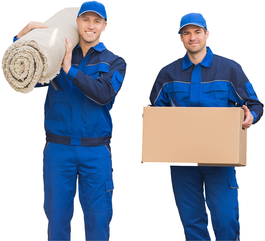 Two workers in blue uniforms holding items.