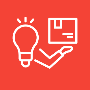 Lightbulb and package on red background.