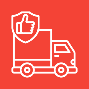 Delivery truck icon with thumbs-up shield.