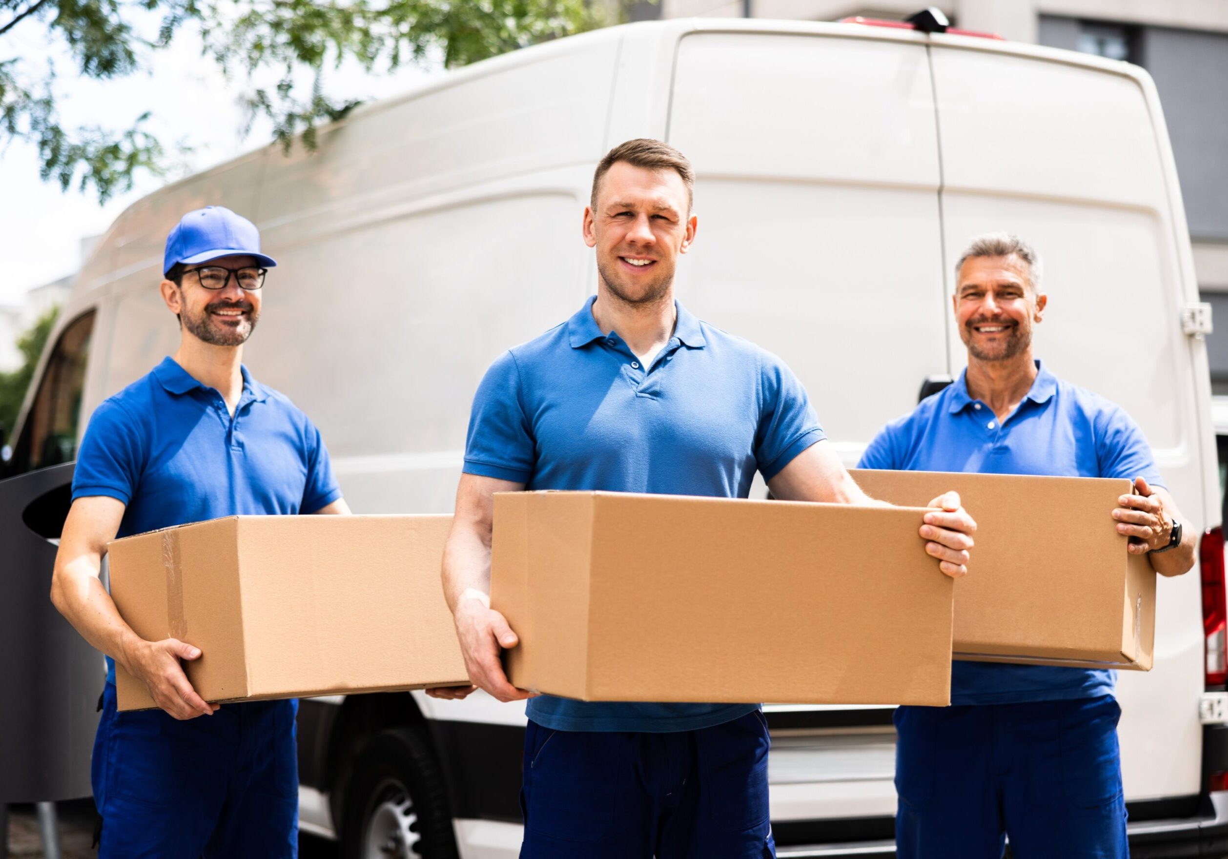 Delivery workers holding boxes near van.